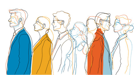 Abstract sketch of diverse group of people in colorful attire.