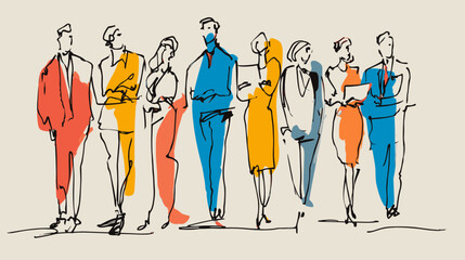 Abstract sketch of diverse group of people in colorful attire.
