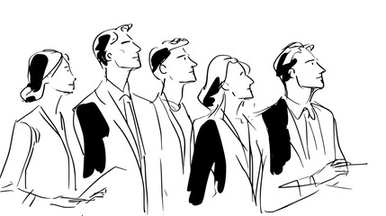 Black and white sketch of five people standing in a row, looking forward. doodle style vector lines  © AI PIC