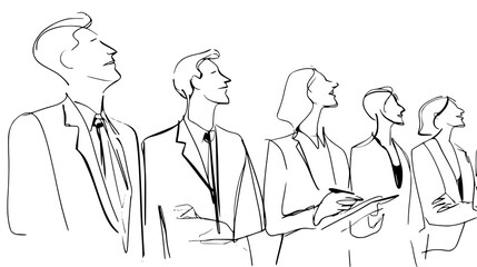 Black and white sketch of five people standing in a row, looking forward.