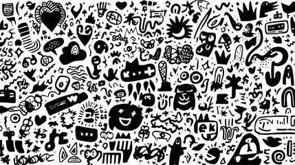 Black and white graffiti-style doodles with various abstract characters and symbols.