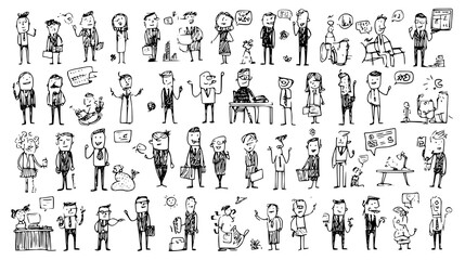 A collection of hand-drawn cartoon characters in various business scenarios, including meetings, presentations, and casual interactions, on a transparent background.