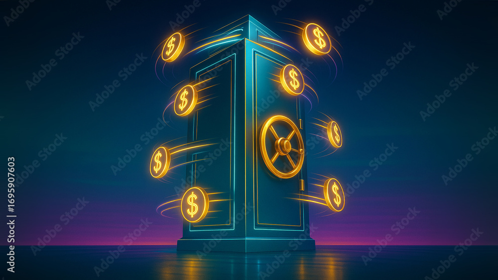 Poster secure vault with monetary growth: a mesmerizing visualization of a secure vault emitting streams of