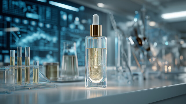 Close up of serum bottle with dropper on laboratory table, surrounded by scientific equipment and test tubes, conveying sense of innovation and precision