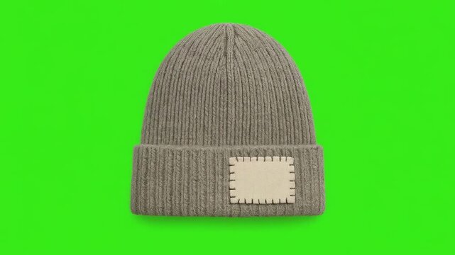 gray knit beanie hat with a blank rectangular patch on the cuff