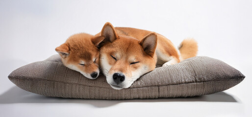 座布団に寝ている親子柴犬