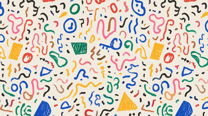 Colorful abstract doodle pattern with various shapes and squiggles on a light background.