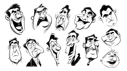 A collection of cartoonish male faces displaying various exaggerated emotions such as anger, surprise, and confusion