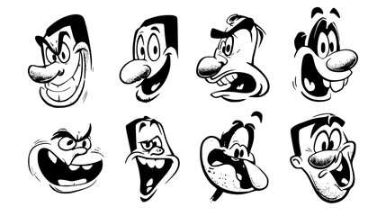 A collection of cartoonish male faces displaying various exaggerated emotions such as anger, surprise, and confusion