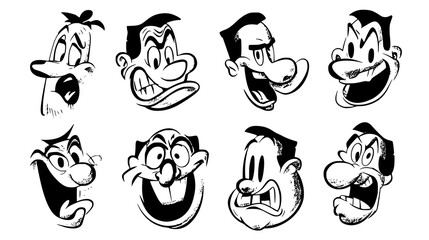 A collection of cartoonish male faces displaying various exaggerated emotions such as anger, surprise, and confusion