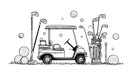 Illustration of a golf cart with golf clubs and balls on grass.