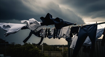 Clothes Drying on Line with Storm Clouds and Strong Wind