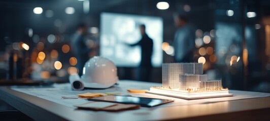 Architectural Model on Table with Notes, Tablet, and Safety Helmet in Late-Night Design Review Setting, Blurred Team in Background, Realistic Lighting and Clean Negative Space for Ad Text