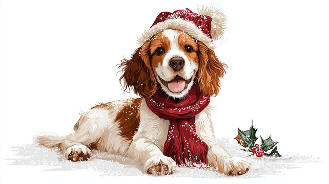 Cute cocker spaniel wearing festive Christmas hat and scarf lies on snowy surface, exuding joy and warmth. Holly leaves and berries add seasonal touch