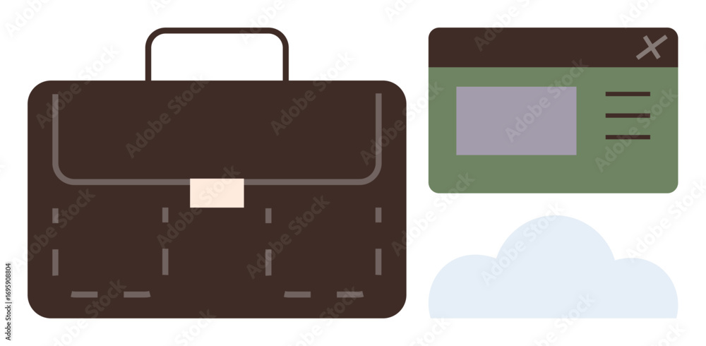 Poster briefcase symbolizing work or business tools next to a digital browser window and cloud graphic. ide