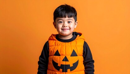 Happy young boy with down syndrome in a pumpkin Halloween costume smiles against an orange background. Kids with Down syndrome wearing Halloween costume.