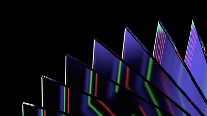 Abstract geometric animation, rotating colorful glass shapes on a black background, 4k looping video, 3d render