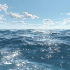 Vast, sparkling ocean waves under a bright blue sky with fluffy white clouds, evoking tranquility and adventure.