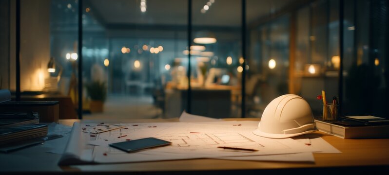 Architectural Model on Table with Notes, Tablet, and Safety Helmet in Late-Night Design Review Setting, Blurred Team in Background, Realistic Lighting and Clean Negative Space for Ad Text