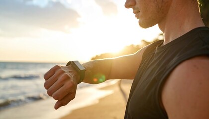 Close up of a man's arm wearing a smartwatch illuminated by golden sunset light on a sandy beach beside the ocean waves