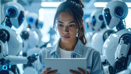 Young Asian woman holds a tablet focused on its screen surrounded by white humanoid robots in a bright technology lab