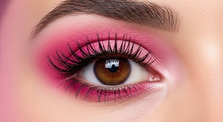 Close-up of a Brown Eye with Pink Makeup and Long Eyelashes