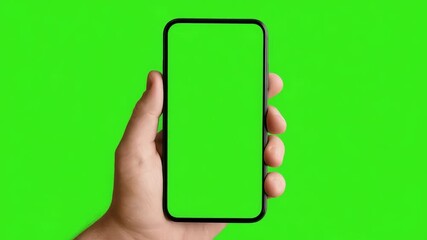 A hand holding a smartphone with a bright green screen against a vivid green background. - Powered by Adobe