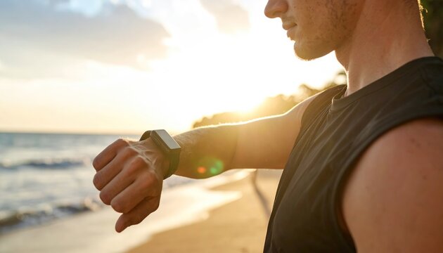 Close up of a man's arm wearing a smartwatch illuminated by golden sunset light on a sandy beach beside the ocean waves - Powered by Adobe