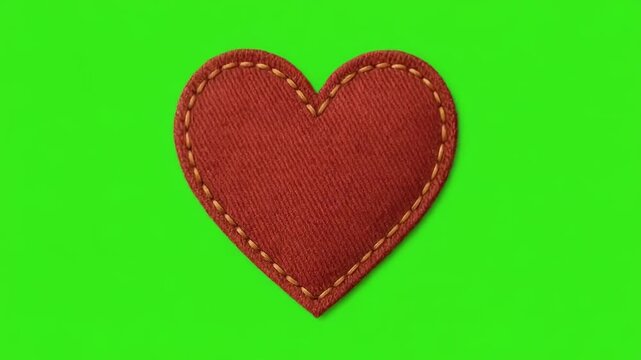 A red stitched leather heart patch on a bright green background.