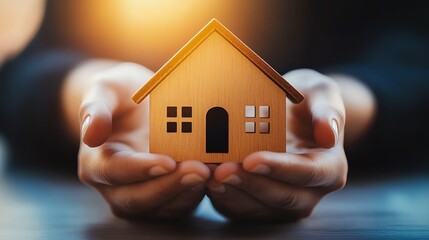 Hands holding a wooden model of a house.