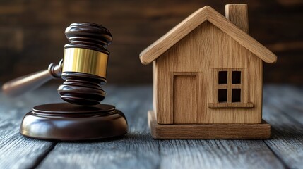 Law and real estate concept, gavel beside house.