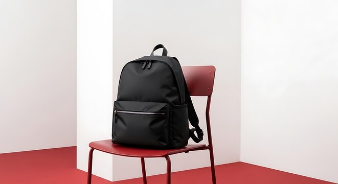 Modern Minimalist Black Backpack on Red Chair in Studio Setup