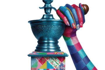 Vibrant Hand with Brightly Painted Nails and Blue Ornate Vessel