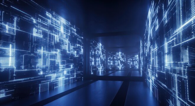 Abstract Digital Data Tunnel with Glowing Circuitry - Powered by Adobe