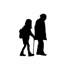 Silhouette of a girl assisting an elderly person crossing the street promoting kindness