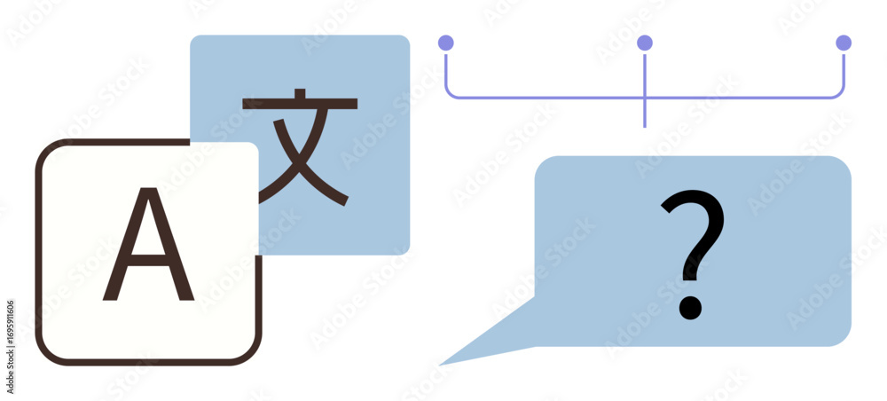 Poster alphabet and character text boxes with speech bubble signify language translation and communication.