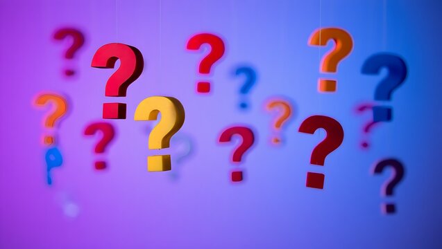 A colorful arrangement of three dimensional question marks floating against a vibrant purple and blue gradient background - Powered by Adobe