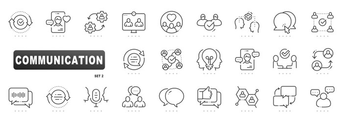 Obraz na płótnie Canvas Communication line icons covering chat, message, conversation, collaboration, meeting, support, webinar, podcast, network, feedback; editable stroke vector, mobile, profile, idea