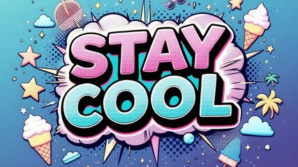 Vibrant pop art explosion with 'STAY COOL' message surrounded by ice cream cones, clouds, stars, and sunglasses, perfect for summer promotions and retro-themed designs. - Powered by Adobe