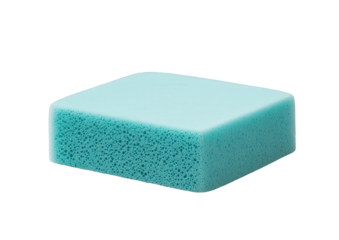 A single light blue porous foam sponge isolated on a clean transparent background, perfect for cleaning or scrubbing tasks, showcasing its texture and simple form