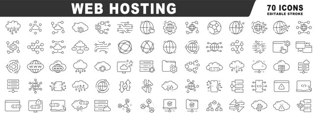 Web hosting icon set covering servers, cloud, domain, DNS, network security, scalability, backup, monitoring, deployment, automation in outline, editable stroke