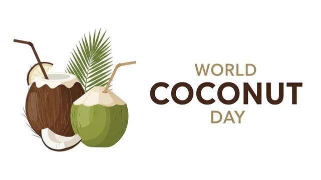 World Coconut Day promotional vector illustration with fresh tropical drinks, palm leaf, and copy space on a white background. - Powered by Adobe