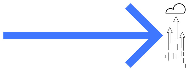 Obraz premium Blue forward arrow pointing to vertical arrows ascending toward a small cloud, symbolizing progress, growth, success, direction, strategy, movement, and goal setting. Ideal for business innovation