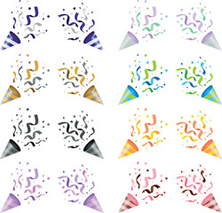 This party cracker set is perfect for a festive celebration. It contains confetti, ribbons, and paper tape. / パーティークラッカーセット にぎやか お祝い 楽しい 華やか 紙吹雪 リボン 紙テープ