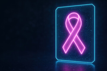 Neon pink ribbon medical symbol glows on futuristic digital background representing awareness, support, and hope for health causes in modern technology style