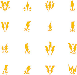 Lightning Yellow Icon Symbol. Thunderbolt shock icon collection. Yellow lightning burst, shouting. Energetic electric flashes for  power, speed, danger or action effects. Isolated icons set.