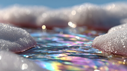 Colorful iridescent bubbles on water surface