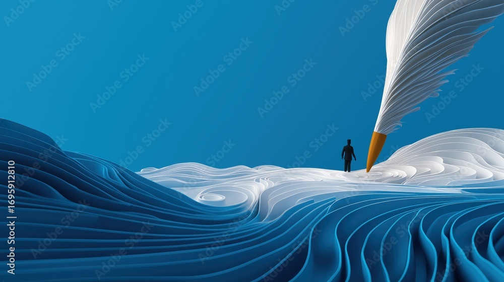 Poster Surrealism in Motion: A figure stands at the intersection of art and imagination as a colossal pen poised on the cusp of creation, a landscape born from lines and thoughts.