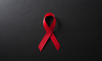 Closeup red ribbon HIV, world AIDS day awareness ribbon on black background. Healthcare and medicine concept.