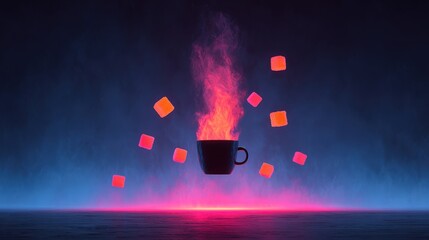 Burning Cup of Coffee: A surreal and evocative image of a cup of coffee, seemingly on fire. Emitting red smoke and a vibrant glow, creating a sense of warmth and energy.